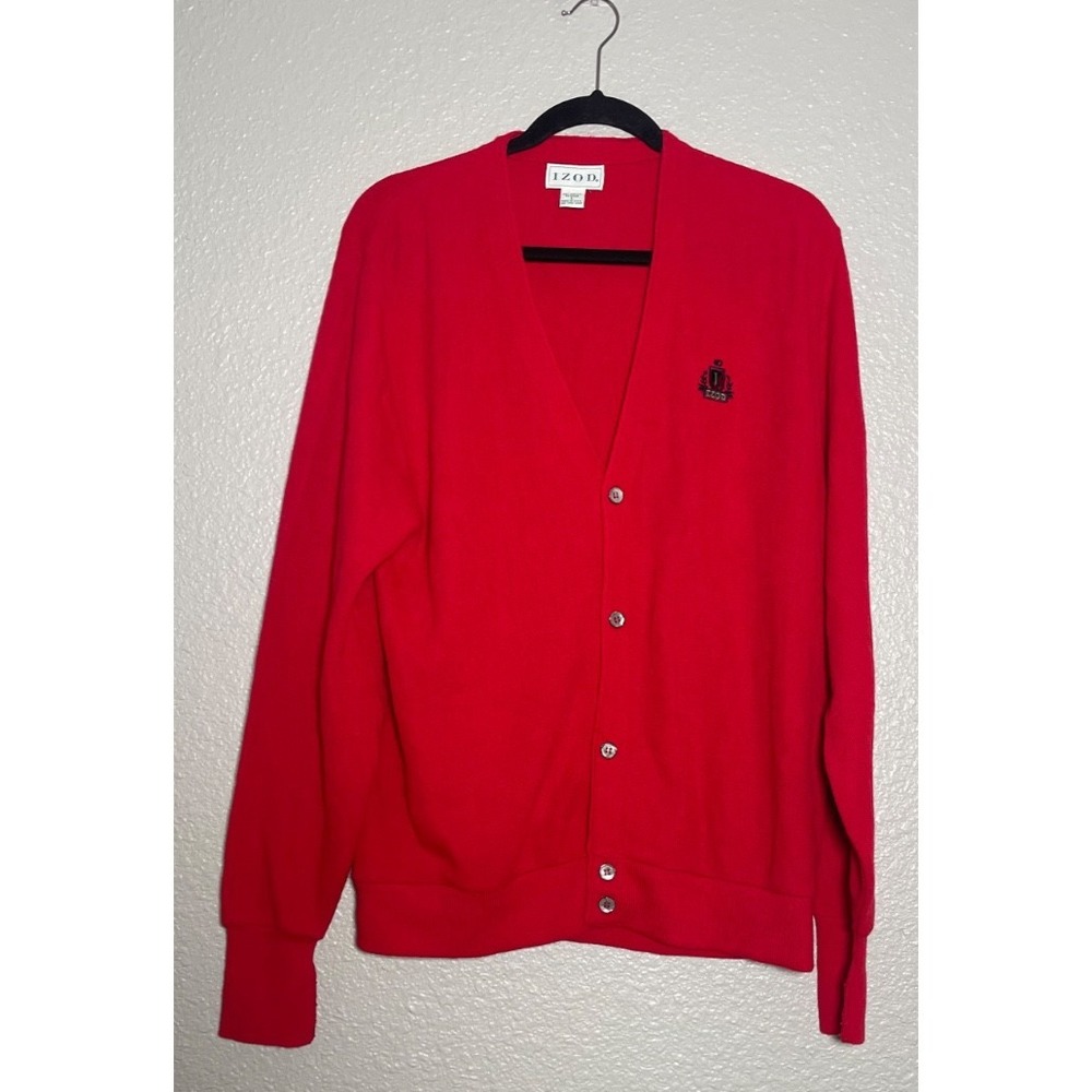 VTG Izod Acrylic Cardigan Sweater Men's Size Large‎ Red V-Neck Crest Logo Golf